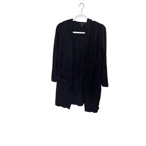 Barefoot Dreams CozyChic Lite S Hooded Duster Cardigan Open Front Pockets black